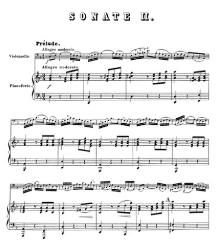 [Prélude de la deuxième Suite], Sonaten für Violoncello solo. Mit Begleitung des Pianoforte herausgegeben von Dr. W. Stade, Leipzig, Heinze, 1864.