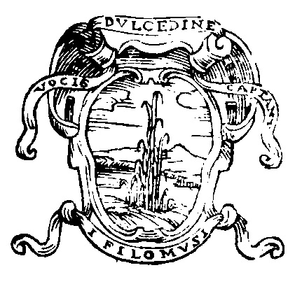 L’emblème des académiciens Filomuside Bologne, au verso du frontispice de la Siringa fugacede Bertelli.