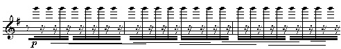 Steve Reich, Electric Counterpoint, mes. 3-5, notation approximative de l’articulation de Pat Metheny.