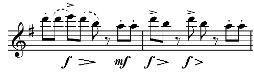 Steve Reich, Electric Counterpoint, mes. 110-111, notation approximative de l’articulation de Pat Metheny.