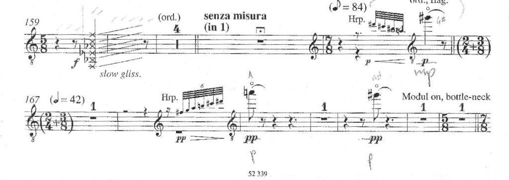 Peter Eötvös, Seven, partie de guitare, mes. 159-173.