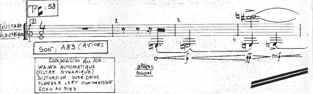 Hugues Dufourt, L’Île sonnante, partie de guitare, mes. 1.
