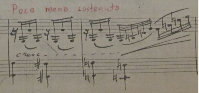 Le Chalutier mes. 33-34. Copie de l’autographe du compositeur. Ajout du poco meno sostenuto par LR, en analogie avec la version d’orchestre.