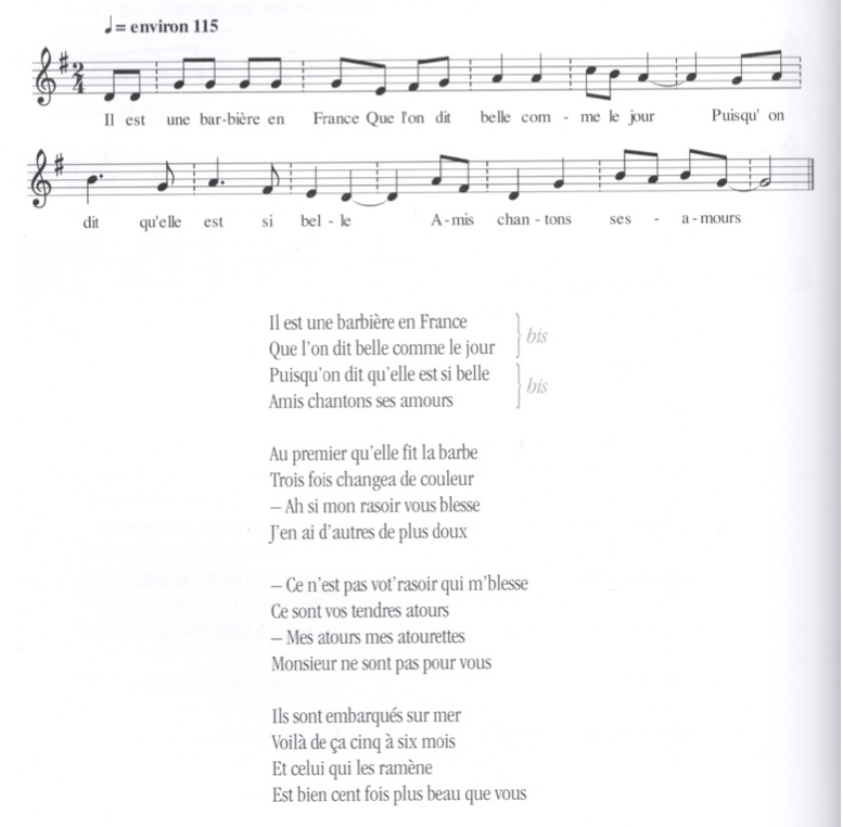 Il est une barbière en France, extrait du livre-disque Chansons et traditions orales du Cotentin, op. cit., p. 32.