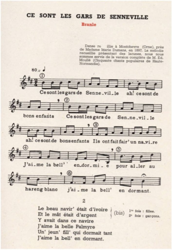 Les Gars de Senneville, partition extraite du recueil 25 Danses normandes recueillies par Jeanne Messager, Bayeux, René-Paul Colas, 1950, p. 55.