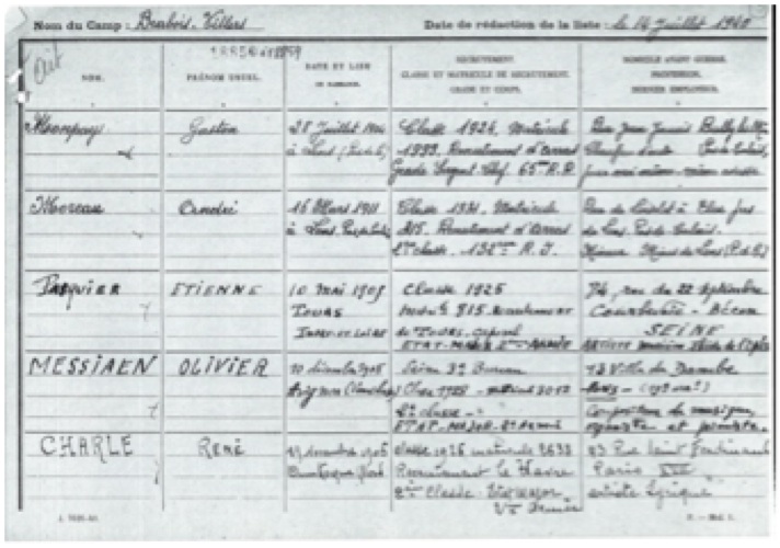 La liste de déportation de Bravois-Villers, 14 juillet 1940, qui comporte les trois noms de : Pasquier, Messiaen et Charle. Service historique de la Défense à Caen.