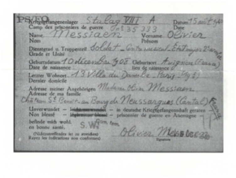 Formulaire d’enregistrement du prisonnier Olivier Messiaen no 35333, rempli et signé par lui au Stalag VIII A, le 15 août 1940, Archives du CICR à Genève. Copie dans la collection de J. Stankiewicz, Cracovie.
