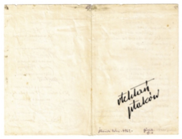 Otchłań ptaków [Abîme des oiseaux], programme de la « Soirée polono-française », couverture. Exemplaire calligraphié par B. Samulski. Avec la signature du prisonnier : « Śliwiński Antoni, no 4962 », et la date notée par lui-même : « Görlitz, décembre 1940 », p. 1-4. Collection de J. Stankiewicz, Cracovie.
