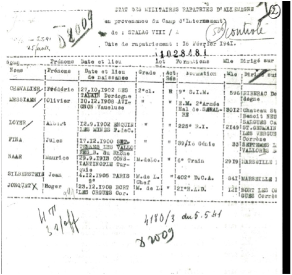 Liste avec le nom de Messiaen, la date de rapatriement : 16 février 1941, sa formation militaire EM 2e armée et son emploi à l’hôpital de Sarralbe. Service historique de la Défense à Caen.