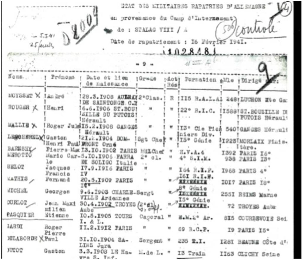 Liste avec le nom de Pasquier, la date de rapatriement : 16 février 1941 et sa formation militaire E. M. 2e armée. Service historique de la Défense à Caen.