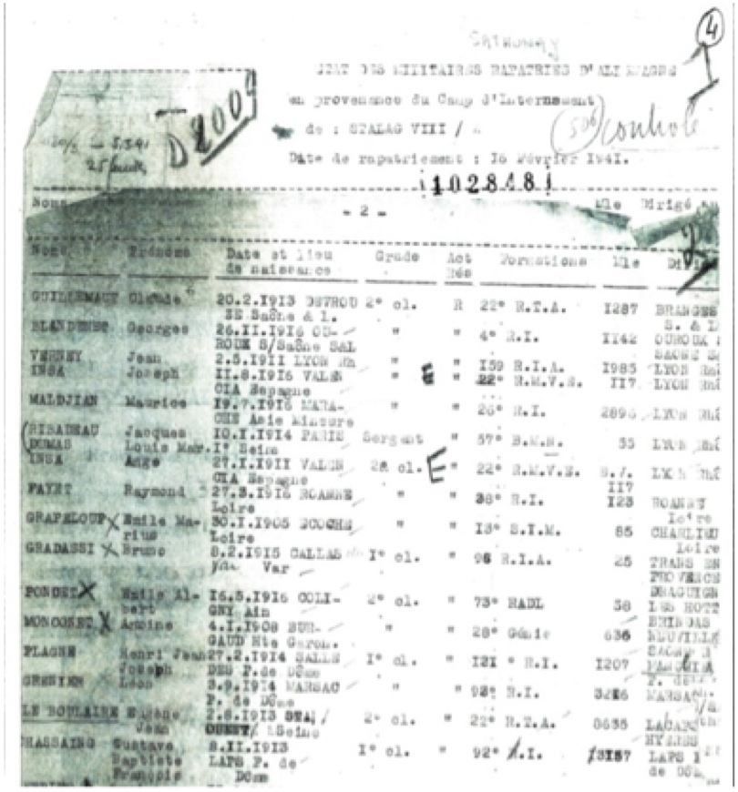 Liste avec le nom de Le Boulaire et la même date de rapatriement : le 16 février 1941. Service historique de la Défense à Caen.