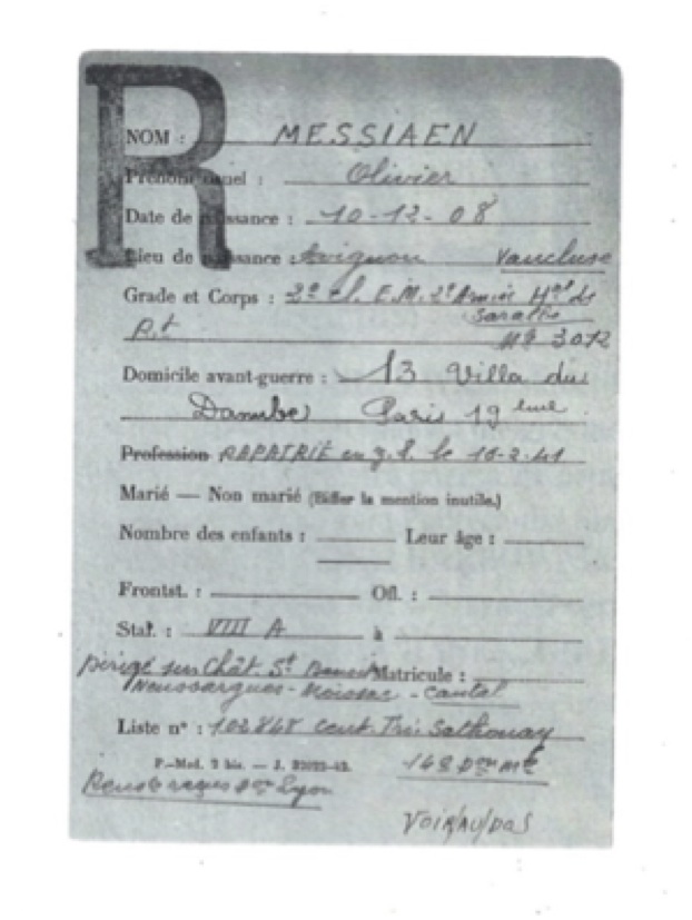 Carte de rapatriement « R » de Messiaen (première publication), recto. Service historique de la Défense à Caen. Copie dans la collection de J. Stankiewicz, Cracovie.