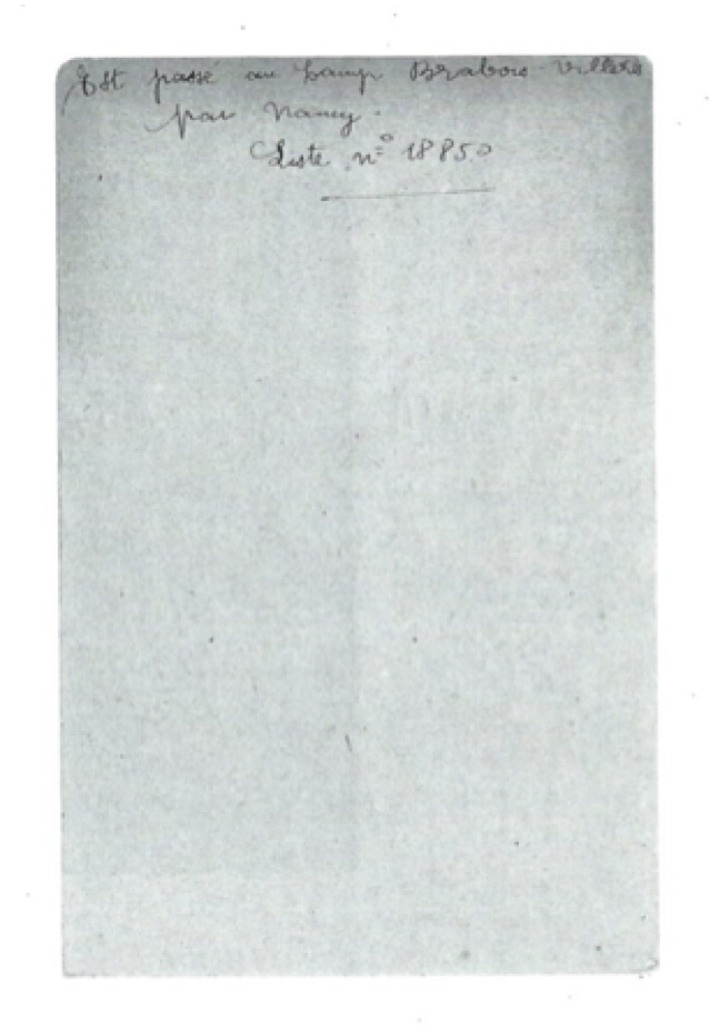Carte de rapatriement « R » de Messiaen, verso. Avec la remarque : « Est passé au camp Brabois-Villers par Nancy. Liste no 18850 ».