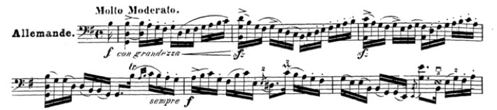 Allemande de la première Suite, mes. 1-6.