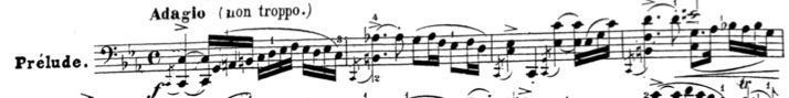 Prélude de la cinquième Suite, mes. 1-4.