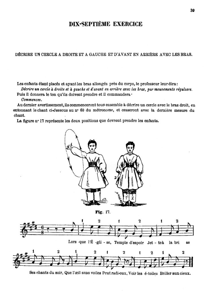 Napoléon-Alexandre Laisné, Traité élémentaire de gymnastique classique avec chants notés à l’usage des enfants des deux sexes. Ouvrage destiné à toutes les Maisons d’Éducation, ainsi qu’aux Mères de Famille par M. Laisné, Chevalier de l’ordre de Danebrog, Officier d’Académie, Professeur de gymnastique, massages et frictions appliqués à la médecine, Chargé, conjointement avec M. le colonel d’Argy, de la fondation de l’École Normale de Gymnastique militaire de Joinville, Fondateur et directeur de la gymnastique dans les hôpitaux, Directeur des gymnases de l’École polytechnique, du lycée Descartes, etc., etc. 2ème édition, Paris, Librairie de L. Hachette et Cie, 1872 [1867 pour la 1re éd.], p. 39.