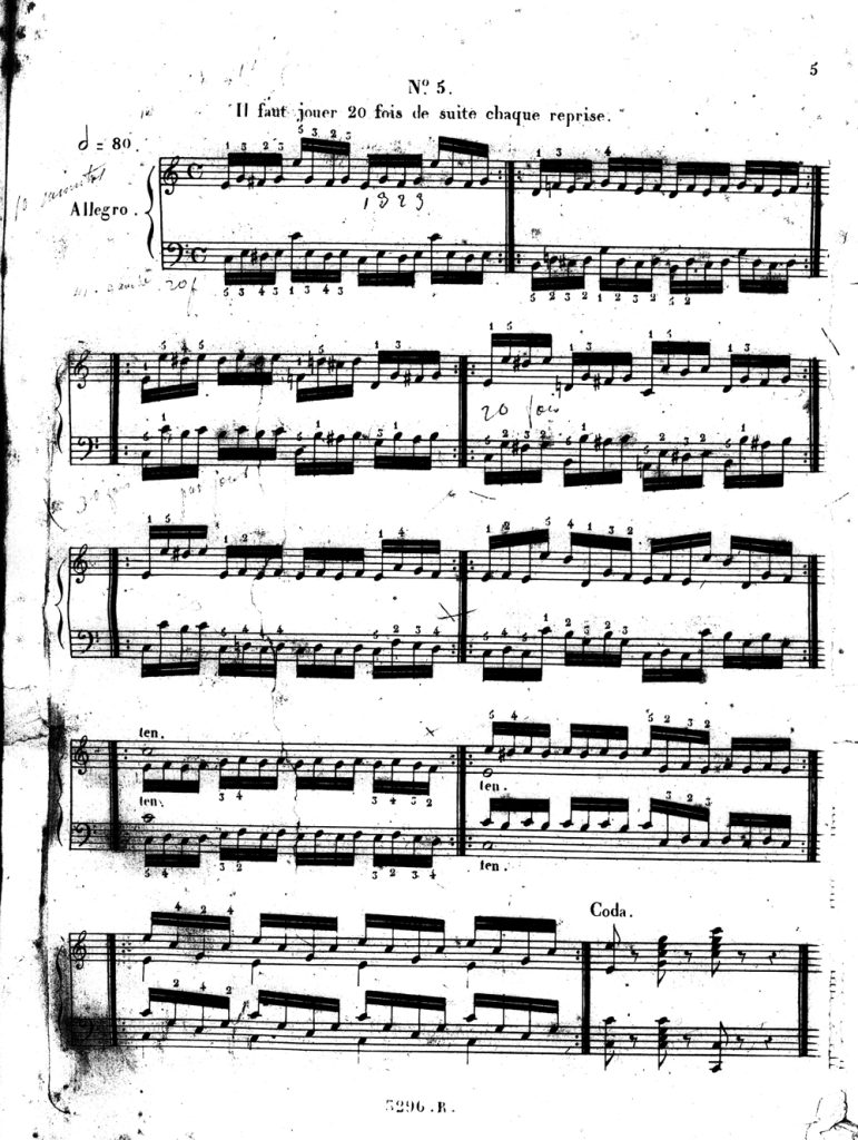 Carl Czerny, Exercice journalier pour atteindre et conserver le plus haut degré de perfection sur le piano, consistant en 40 études, avec des répétitions prescrites. Œuv. 337 composées par Ch. Czerny, Paris, Richault, [1844], p. 5.