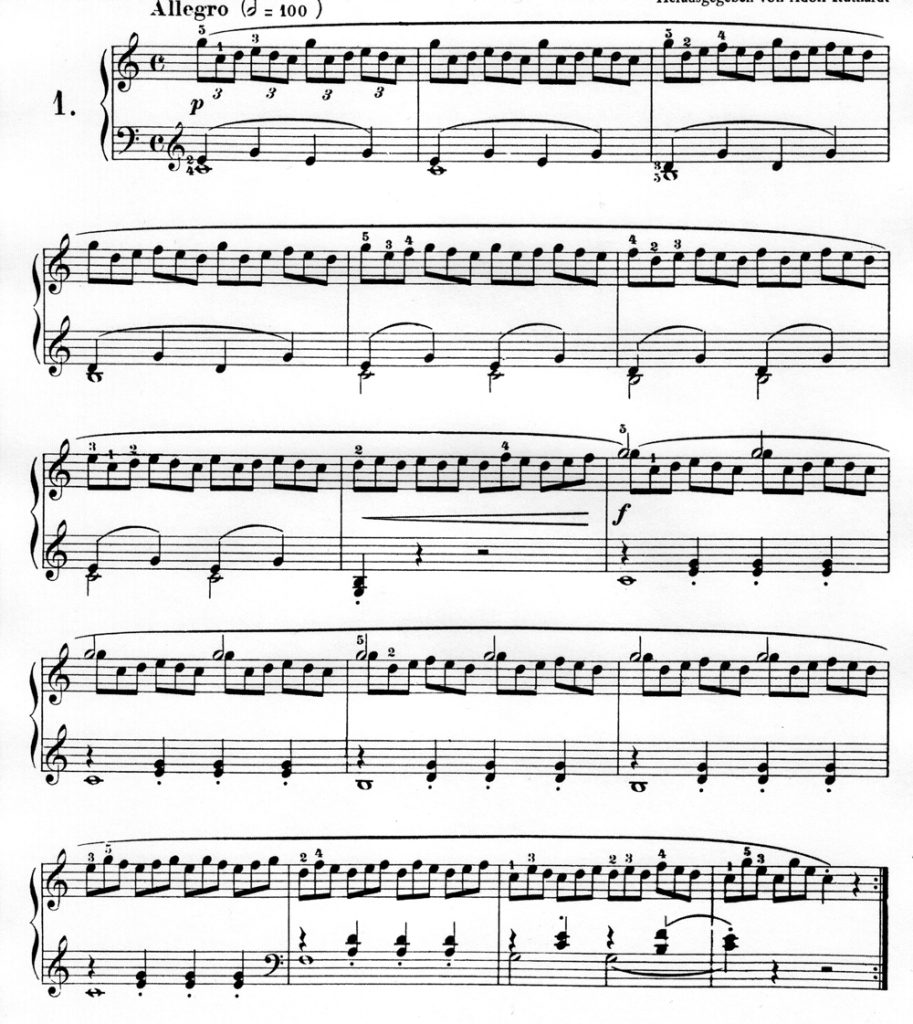 Carl Czerny, Études de mécanisme (Vorschule zur Schule der Geläufigkeit) für Klavier zu zwei Händen opus 849. Herausgegeben von Adolf Ruthardt, Frankfurt, Peters, 19??, p. 2-3. Pièce no 1.