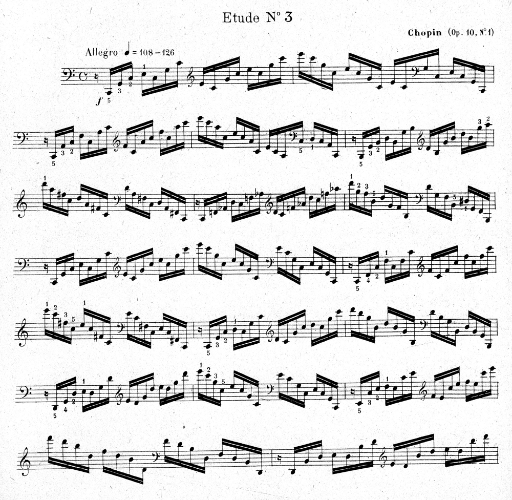 Isidor Philipp, « Étude no 3 », Exercices et études techniques de piano pour la main gauche seule d’après Bach, Chopin, Czerny, Kessler, Kreutzer, Mendelssohn, Schumann et Weber. Préface de G. Mathias, Paris, A. Durand et fils, 1895, p. 19.