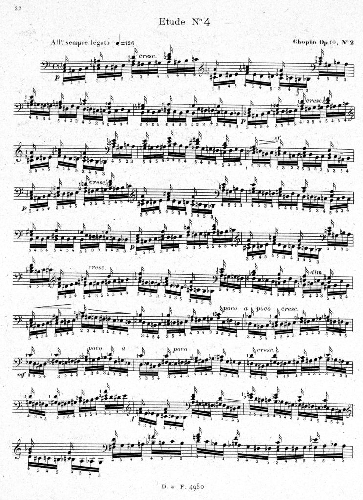 Isidor Philipp, « Étude no 4 », Exercices et études techniques de piano pour la main gauche seule d’après Bach, Chopin, Czerny, Kessler, Kreutzer, Mendelssohn, Schumann et Weber. Préface de G. Mathias, Paris, A. Durand et fils, 1895, p. 22.