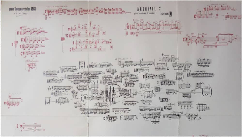 Archipel II (1968) d’André Boucourechliev pour quatuor à cordes – extrait de la partition A (© Universal Edition – UE no15639 – Vienne).