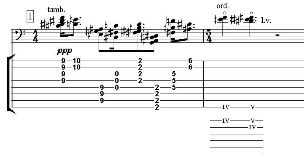 Vers un désert de Francisco Luque, p. 6 (noire à 66) : mode de jeu tambora, puis sons harmoniques répartis sur le petit et le grand jeu.