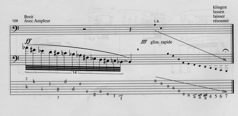 Tiento pour théorbe de Florentine Mulsant (1994), dernière mesure. Tablature réalisée par Caroline Delume, Furore Edition.