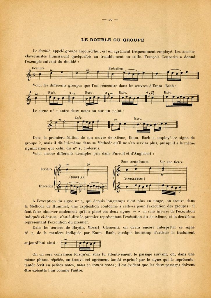 Louise Farrenc, Traité des abréviations (Signes d’agrément et ornements) employés par les clavecinistes, xviie et xviiie siècles d’après L. Farrenc, Paris, Alphonse Leduc, 1895, p. 20 – ce volume est une amplification de : Aristide et Louise Farrenc, « Des signes d’agrément », Le Trésor des Pianistes. Collection des œuvres choisies des maîtres de tous les pays et de toutes les époques depuis le xvie siècle jusqu’à la moitié du xixe siècle, accompagnées de notices biographiques, de renseignements bibliographiques et historiques, d’observations sur le caractère d’exécution qui convient à chaque auteur, des règles de l’appogiature, d’explications et d’exemples propres à faciliter l’intelligence des divers signes d’agrément, etc., etc. Recueillies et transcrites en notation moderne par Aristide Farrenc avec le concours de Mme Louise Farrenc, compositeur et professeur de piano au Conservatoire impérial de Musique. Préliminaires, Paris, Aristide Farrenc, 1861 (collection particulière).
