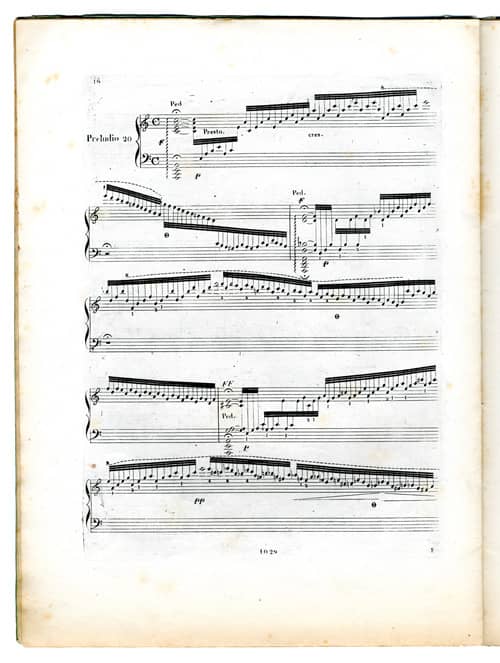 Frédéric Kalkbrenner, « Preludio 20 », Vingt-quatre Préludes pour le Piano Forte dans tous les Tons majeurs et mineurs pouvant servir d’Exemple pour apprendre à préluder Dédiés à Mademoiselle Clotilde de Courbone par F. Kalkbrenner Op. 88, Milan, François Lucca, [ca 1827], livre 2, pp. 16-17 (Bibliothèque du Conservatoire de Musique de Genève).