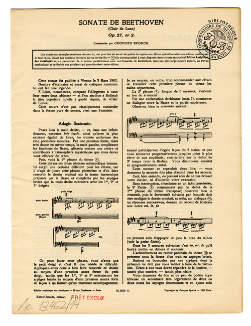 Ludwig van Beethoven, Édition moderne des classiques. Sonate op. 27 no 2 pour piano. L. van Beethoven analysée par Georges Sporck (Toutes les annotations et explications adjointes au texte musical constituent la propriété exclusive de l’auteur) Toute imitation ou contrefaçon sera rigoureusement poursuivie, Paris, Georges Sporck, 1908, p. i et p. 14 (Bibliothèque du Conservatoire de Musique de Genève).