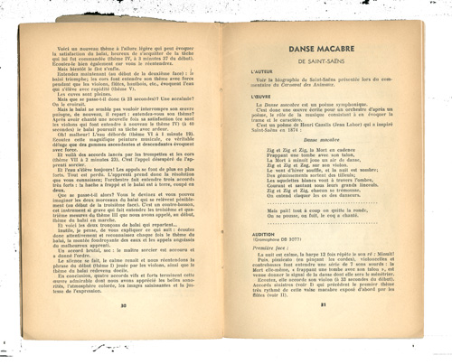 Jean Ruault, « Danse macabre de Saint-Saëns », Commentaires d’œuvres musicales. Premier cycle d’initiation à la musique (56 Disques). Suivi d’une méthode d’enseignement musical sur les thèmes des œuvres commentées. Préface de Jean Binot, Paris, Éditions Bourrelier, 1952, pp. 31-33 (collection particulière).