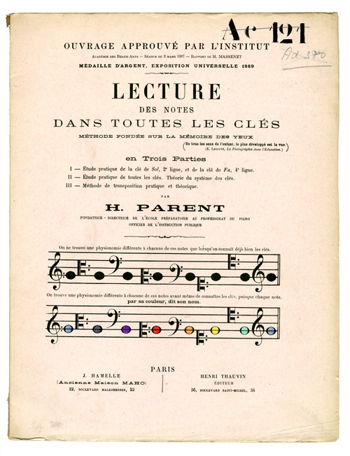 Hortense Parent, Lecture des notes dans toutes les clés. Méthode fondée sur la mémoire des yeux en Trois Parties par H. Parent Fondatrice-directrice de l’École préparatoire au professorat du piano, Officier de l’Instruction publique, Paris, J. Hamelle et Henri Thauvin, [1890], couverture et p. 46 (Bibliothèque du Conservatoire de Musique de Genève).