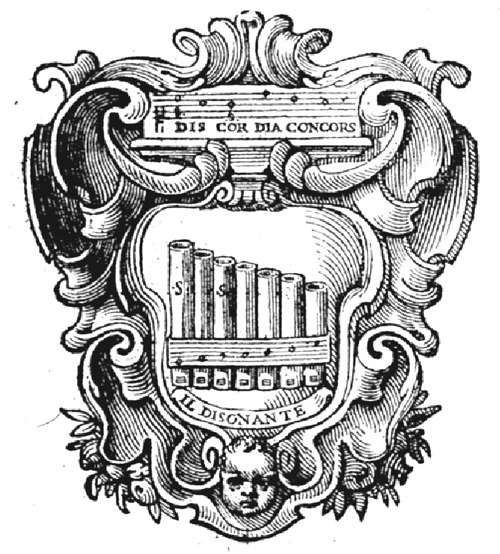 Emblème d’Adriano Banchieri, il Disonante, dans l’Académie des Filomusi de Bologne
