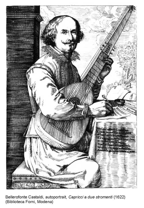 Bellerofonte Castaldi, autoportrait, Capricci a due stromenti cioe tiorba e tiorbino (1622), Biblioteca Forni, Modena.