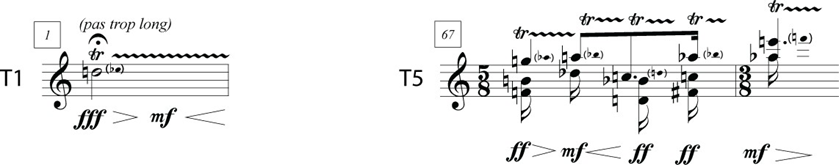 Figure 2.15: Motives representing monodic and polyphonic textures (subgroups) in the Trill group (T1 and T5)