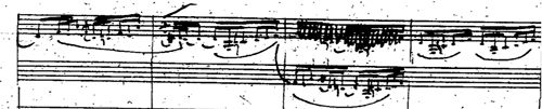 Claude Debussy, Esquisse d’une « Rhapsodie mauresque » pour orchestre et saxophone principal, manuscrit autographe, saxophone, mesures 14-20.