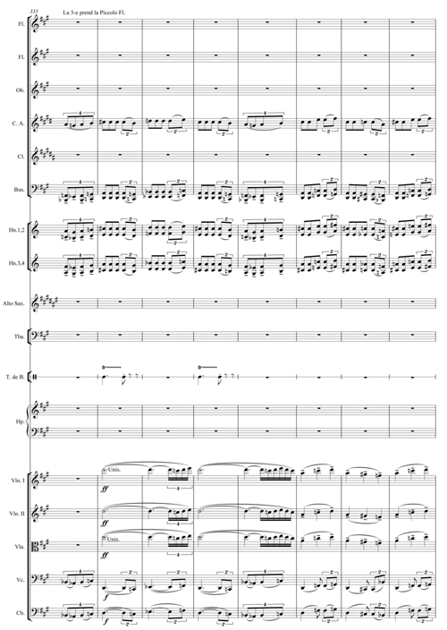 Claude Debussy, Rapsodie pour orchestre et saxophone, copie de l’édition Durand, mesures 340-351.
