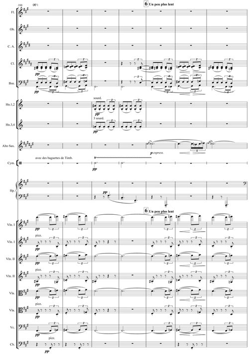 Claude Debussy, Rapsodie pour orchestre et saxophone, copie de l’édition Durand, mesures 166-172.