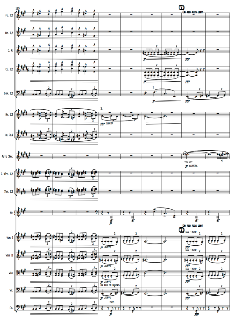 Claude Debussy, Esquisse d’une « Rhapsodie mauresque » pour orchestre et saxophone principal, version réorchestrée, mesures 166-172.