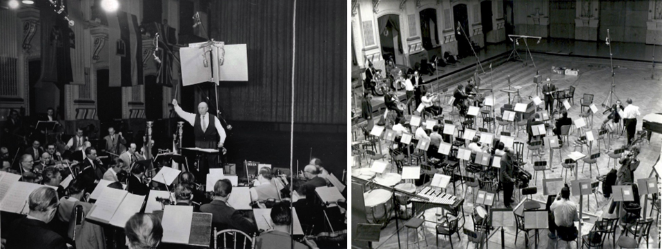 Figure 1.7 – Deux configurations de Decca Tree - A gauche&nbsp;: configuration avec obstacle acoustique. A droite&nbsp;: 5 microphones M50 (dont deux ailes) - Crédits photos&nbsp;: [19]