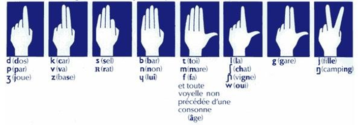 Figure 77&nbsp;: Les 8 configurations des doigts telles que les voit l’enfant pour coder les consonnes.