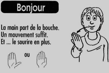 Figure 79&nbsp;: Le signe « Bonjour » extrait du Dictionnaire 1200 signes français-LSF de Monica Companys.