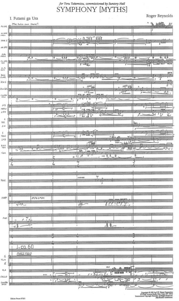 Figure 102&nbsp;: extrait de la partition Symphony [Myths] de Roger Reynolds, éditions Peters.