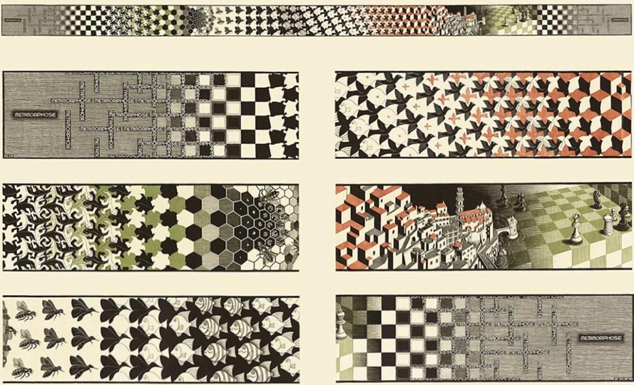 Figure 105&nbsp;: M.C. Escher, Métamorphoses II, xylographie en noir, vert et brun, en vingt blocs, sur trois feuilles combinées 19,2 x 389,5 cm, novembre 1939-mars 1940.