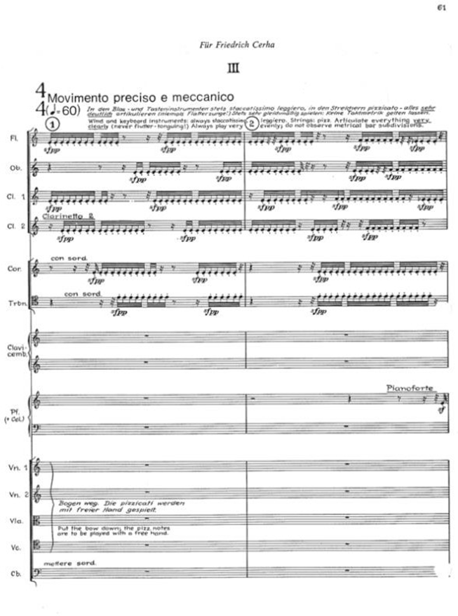 Figure 106&nbsp;: extrait de la partition de Ligeti, Concerto de Chambre, Movimento preciso e meccanico, p. 61, Edition Schott.