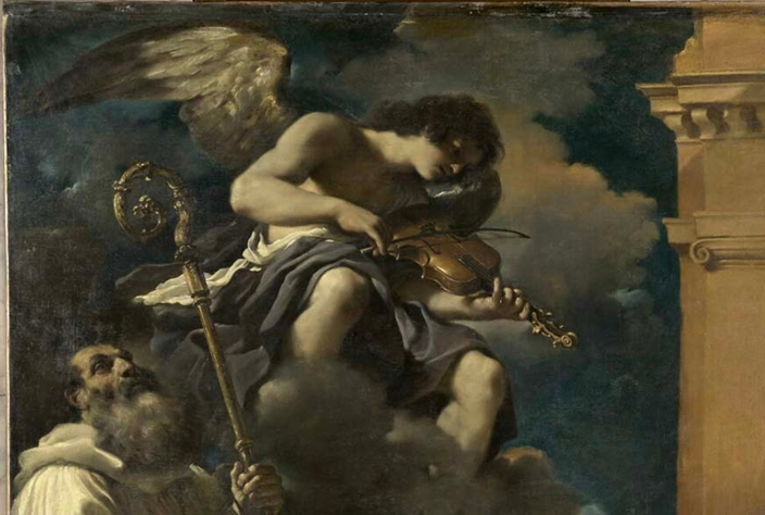 LE GUERCHIN, Saint François en extase et saint Benoît avec un ange musicien, 1620 (détail) 