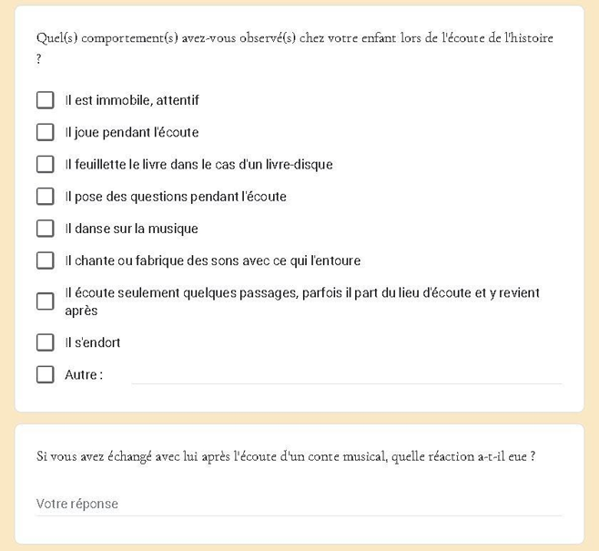 Figure 16 - Exemple de questions dont la réponse se fait par choix multiple ou sous forme de réponse longue