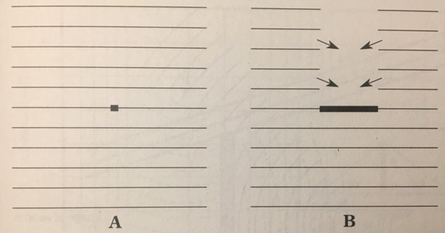 Figure 2&nbsp;: (A) un obstacle très petit devant la longueur d'onde (B) un obstacle plus grand que la longueur d'onde (Everest F. Alton, [5])
