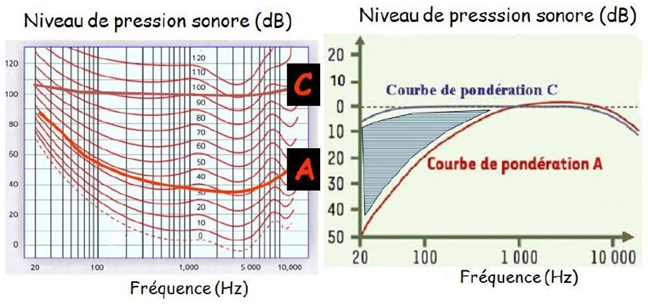 Figure 16&nbsp;: courbe du champ auditif et de pondération acoustique (HCSP, [26])