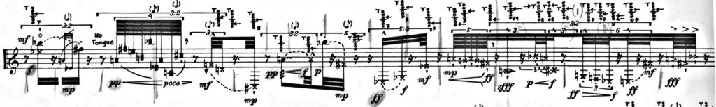 Ex. 19 : Brian Ferneyhough, Cassandra’s Dream Song, Frankfurt, Peters, 7197, 1975, p. 1, ligne 4.